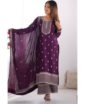 Kurta Pant Dupatta Set in Purple, Heavy, Pure Soft Georgette.