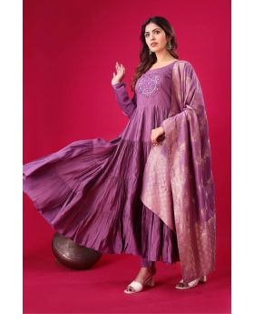 Purple Heavy Roman Silk Anarkali Gown With Dupatta Embroidered