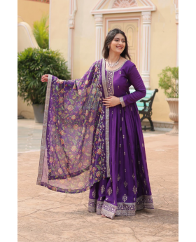 Tebby Silk Gown with Dupatta Printed with Purple Kalamkari