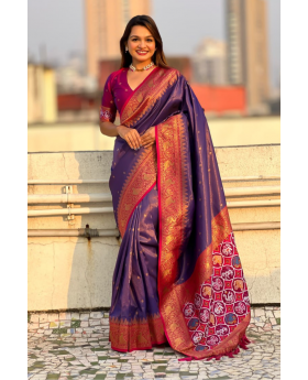 Floral-patterned purple Katki Silk Sarees