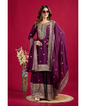 Sharara Dupatta Set in Purple Pure Heavy Chinnon Embroidered