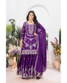 Purple Pure Heavy Chinnon Silk Sharara Kurta Dupatta Suit Set