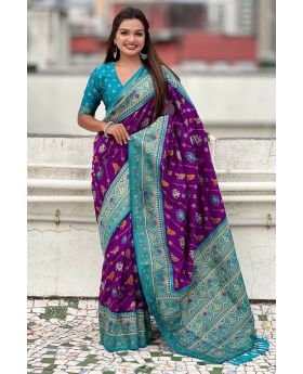 Purple Pure Patola Premium Silk Saree Zari Woven Work.