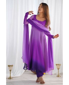 Purple Romansilk Chanderi Anarkali Pant Dupatta Suit Set
