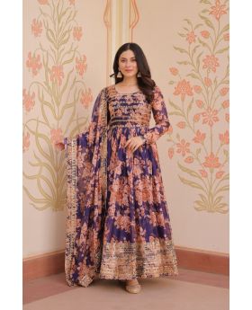Purple Russian Silk Rich  Digital Print Gown With Dupatta
