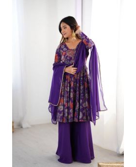 Purple Soft Romansilk Chanderi Sharara Dupatta Suit Set