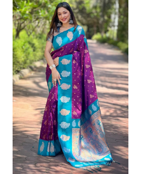 Rose gold-patterned purple soft silk Paithani saree