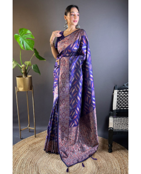 Triple Zari Unique Paan Weaves on Purple Soft Silk Sarees