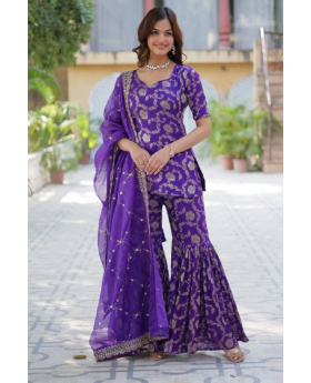 Purple Viscose Anarkali Gown with Dupatta and Georgette Jacquard