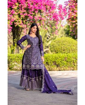 Purple Chinon Kurti & Sharara Set with Sequin Thread Work