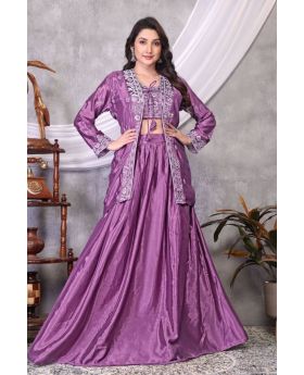 Purple Chinon Silk Lehenga Set with Sequined Koti and Blouse