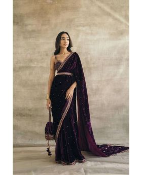 Purple Elegant Velvet Saree Set with Sequins, Dori & Thread Work