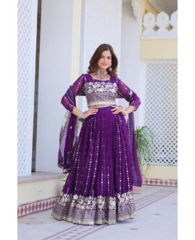 Purple Embroidered Fox Georgette Lehenga Choli Dupatta Set 