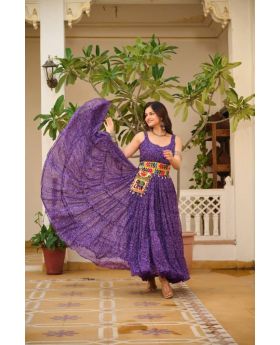 Purple Faux Georgette Bandhani Gown with Real Mirror & Gota Patti Work 