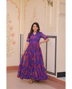 Purple Flaired Printed Gown Faux Georgette with Cotton Lining 