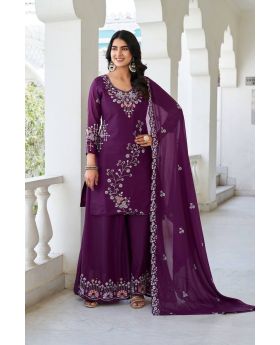 Purple Heavy Embroidered Kurti Sharara Set with Dupatta 