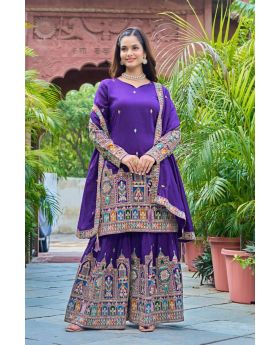 Purple Pure Chinnon Silk Sharara Kurta Set with Dupatta & Palazzo