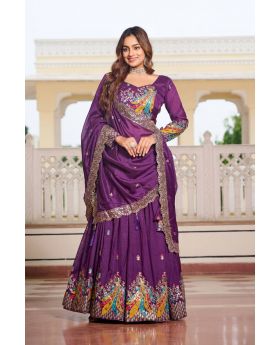 Purple Pure Vichitra Lehenga Choli Dupatta Set with Heavy Embroidered