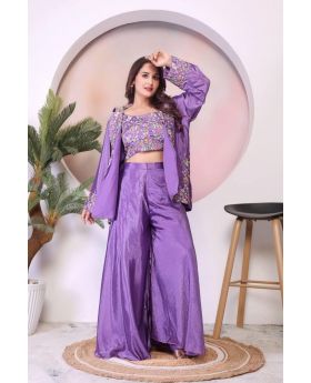 Purple Three-Piece Chinon Silk Set Jacket, Blouse & Palazzo