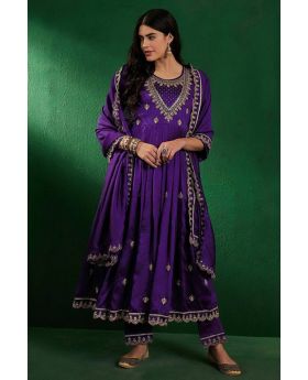 Purple Vichitra Silk Anarkali Suit Set with Pants & Dupatta