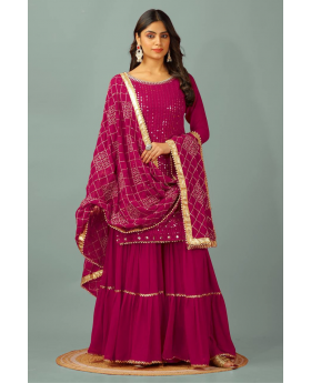 Three-piece embroidered kurta dupatta suit set in faux georgette