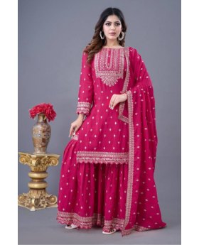 Embroidered Rani Heavy Chinon Silk Sharara Dupatta Set