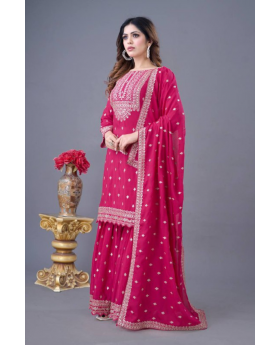 Embroidered Rani Heavy Chinon Silk Sharara Dupatta Set