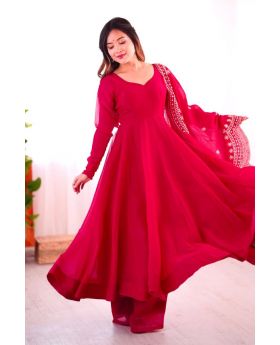 Rani Heavy Fandy Silk Anarkali Dupatta Suit Set Embroidered