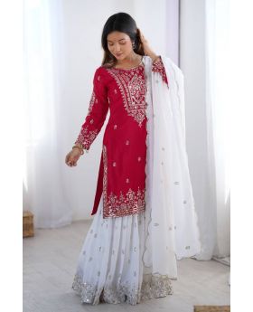 Rani Heavy Pure Chinnon Sharara Dupatta Suit Set Embroidred