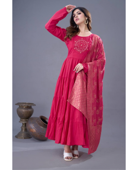 Heavy Roman Silk Gown in Rani with Dupatta and Pants