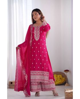 Rani  Pink Chinnon Silk Kurta Plazo Dupatta Suit Set