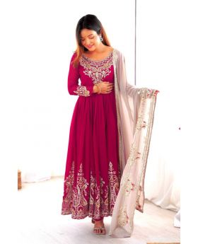 Rani Pink Heavy Georgette Anarkali Gown With Dupatta Pant Suit Set