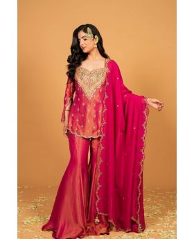 Rani Pink Heavy Simar Silk Sharara Dupatta Suit Set Embroidered