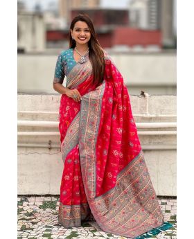 Rani Pink Pure Patola Premium Silk Saree Zari Woven Work.