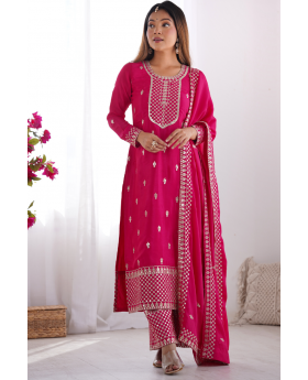 Rani Kurta Dupatta Pant Set in Pure Chinon Silk Fabric
