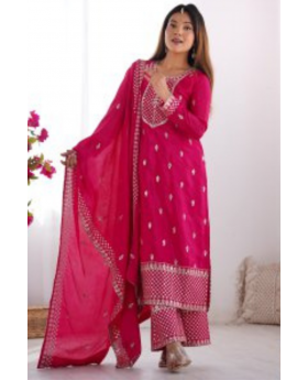 Rani Kurta Dupatta Pant Set in Pure Chinon Silk Fabric