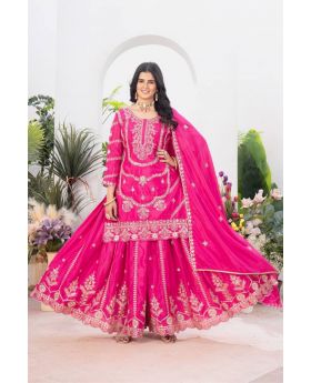 Rani Pure Heavy Chinnon Silk Sharara Kurta Dupatta Suit Set