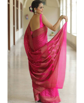 Rani Golden Motif Soft Lichi Silk Fabric Saree.