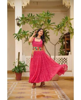 Rani Faux Georgette Bandhani Gown with Real Mirror & Gota Patti Work 