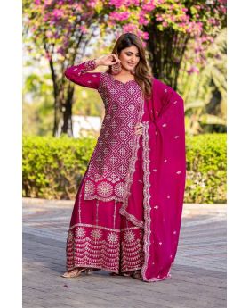 Rani Pink Chinon Kurti & Sharara Set with Sequin Thread Work