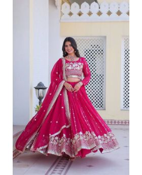 Rani Pink Embroidered Fox Georgette Lehenga Choli Dupatta Set 