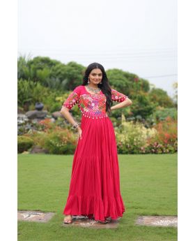 Rani Pink Festive Kutchi Gamthi Work Navratri Rayon Gown