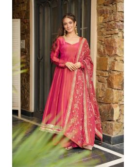  Rani Pink Roman Simmer Silk Anarkali Gown with Plazo and Dupatta Set