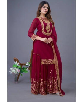 Red Blooming Faux Georgette 3 Piece Kurta Dupatta Sharara Suit Set.