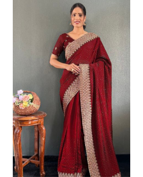 Vichitra silk saree in red bloom with lovely Zari