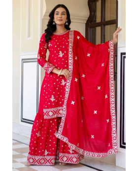 Red Chinon Kurta Pant Dupatta Set with Embroidered Sharara Suit
