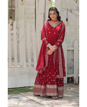 Anarkali gown with dupatta set in red faux bloom