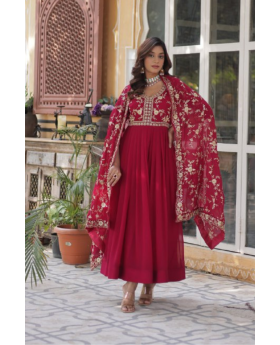 Zari Anarkali Gown With Dupatta & Red Faux Blooming With Sequins-Multi