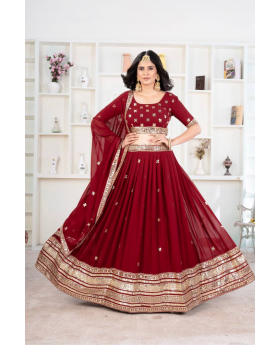Red Lehanga Choli Set with Embroidered Faux Georgette 