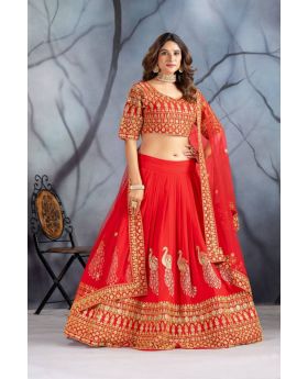 Red Faux Georgette Lehanga Blouse Dupatta Set